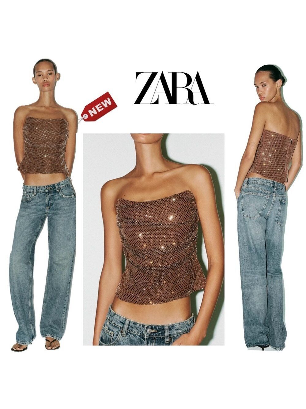 Zara Brown Bronze Crystal Rhinestone Bustier Corset Strapless Draped Top XXL NWT